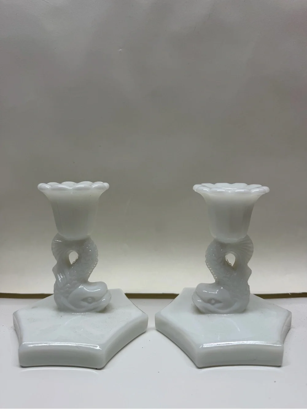 Vintage Westmoreland Milk Glass Dolphin Candle Holders - Set of 2